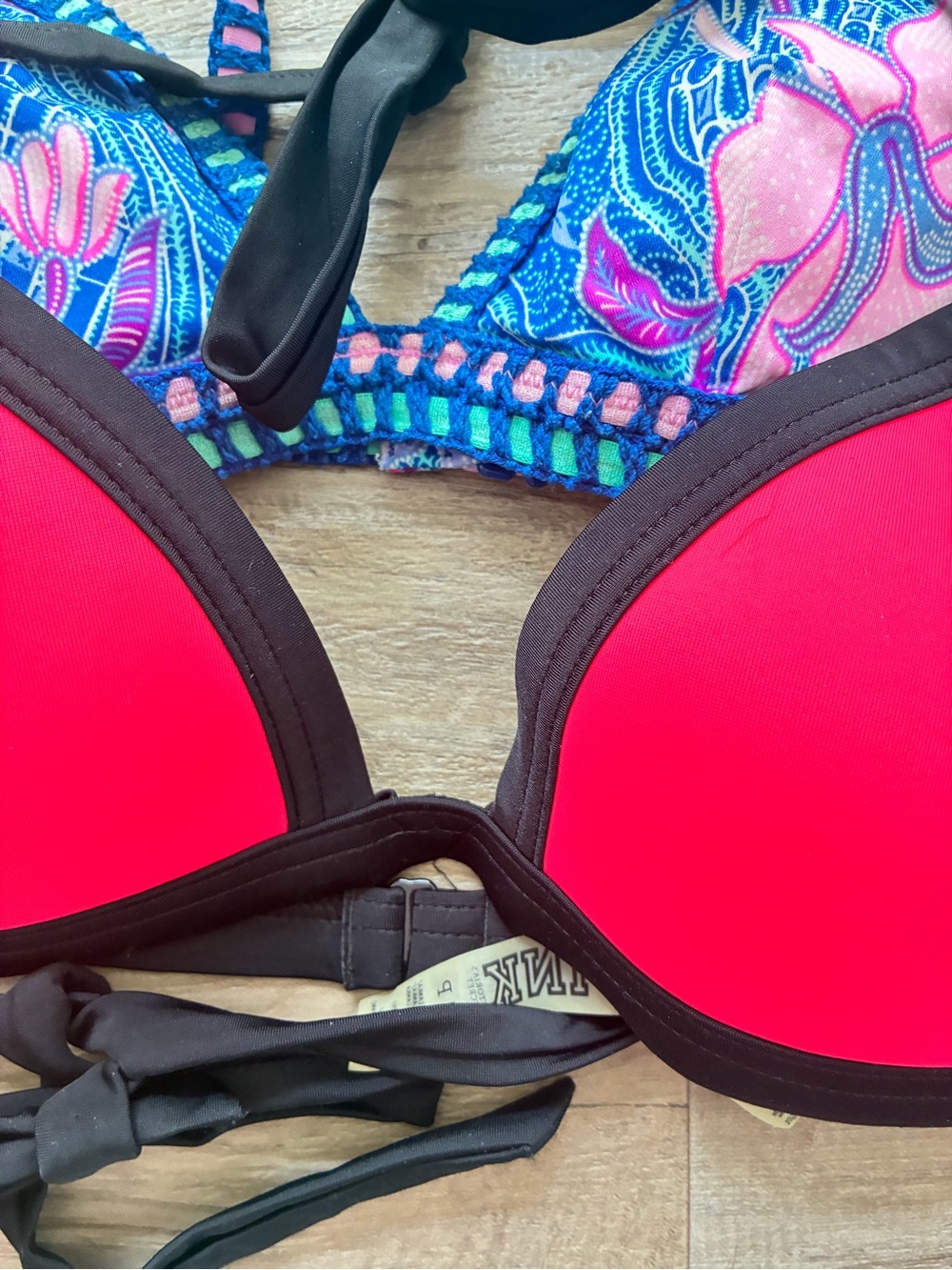 Victoria Secret PINK 2 Strappy Triangle Bikini Swim Tops Crochet Floral Neon - Picture 7 of 12